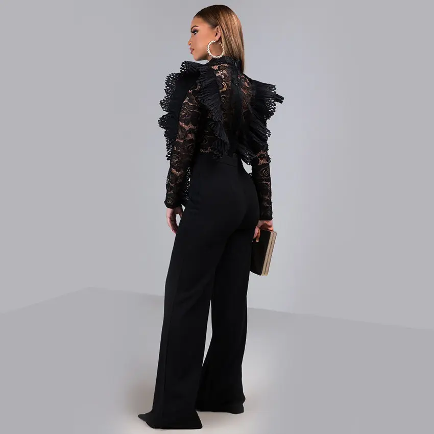 Wjustforu сексуальный кружевной комбинезон с оборками для женщин Vestido Черный Модный