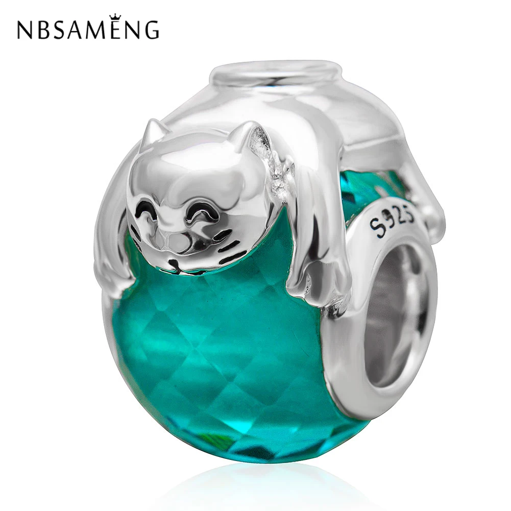 

New 100% 925 Sterling Silver Charm Lucky Cat Bead Sea Blue Murano Glass Charms Fit Pandora Bracelets Women DIY Jewelry