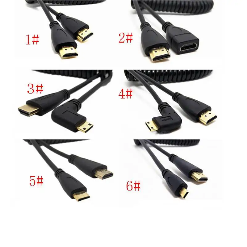 HDMI на правый угол мини HDMI микро Hdmi весна локон гибкий кабель V1.4 DSLR HD видео кабели