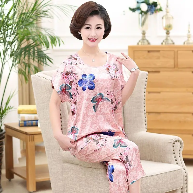 

Mom Silk Rayon Pajamas Set Summer Sexy Floral Print Long Pants Short Shirt 2 Piece/Set Cool Home Big Size Women Sleepwear