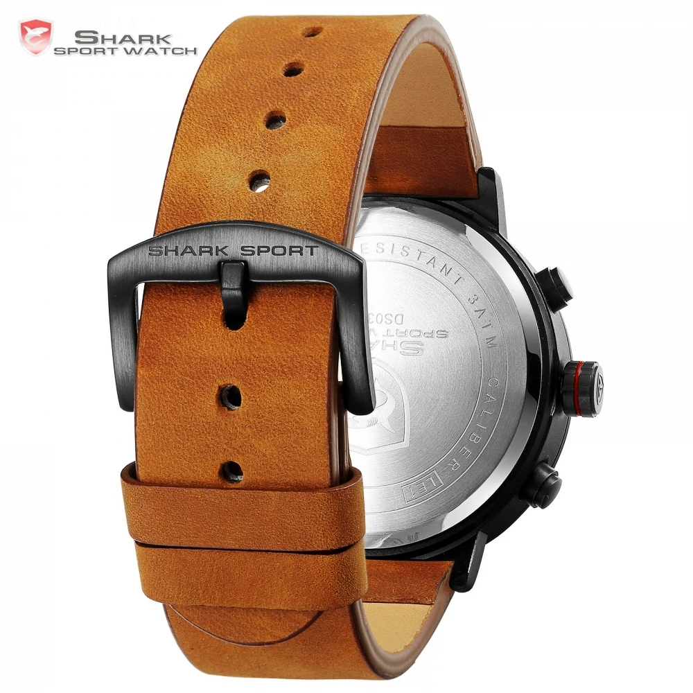Bluegray Carpet Shark Sport Watch Black Men's Quartz Digital Analog LED Military Brown Leather Watches Relogio Masculino /SH546