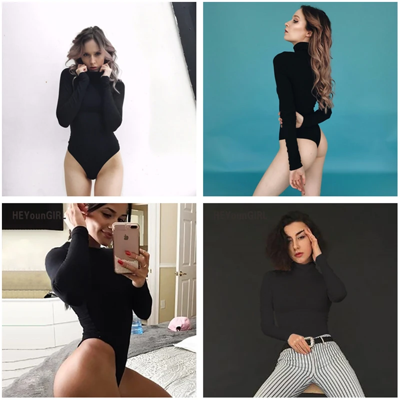 Women Bodysuits Black Turtleneck Sexy Jumpsuits Long Sleeve Body Suit Bodycon Sheath Playsuit Bodysuit Elastic Party Heyoungirl