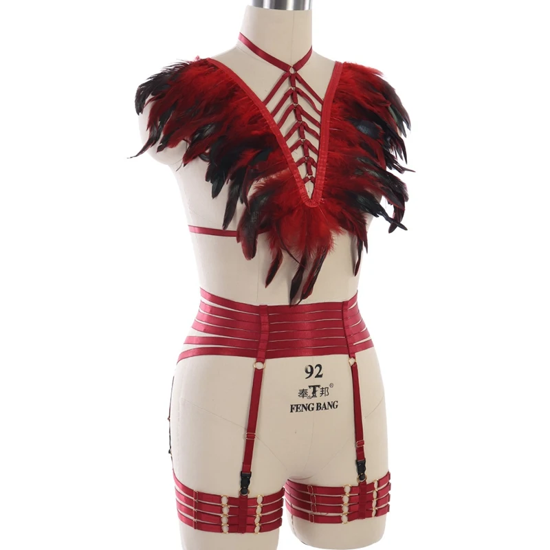 Jual Gothic Bulu Epaulettes Body Harness Menyesuaikan Pakaian Atasan Bahu Sayap Tinggi Pinggang Stoking Suspender Kaki Tali Garter Set