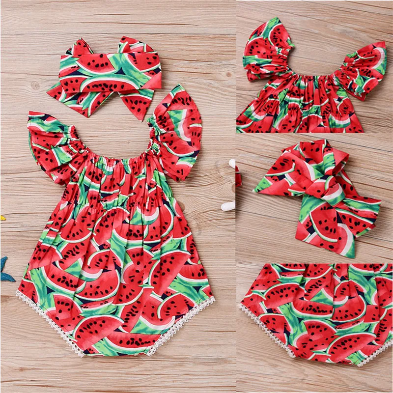 

Summer Toddler Infant Baby Girls Watermelon Printed Romper Bodysuit Jumpsuit + Headband Outfits Sunsuit Cute Summer 2pcs