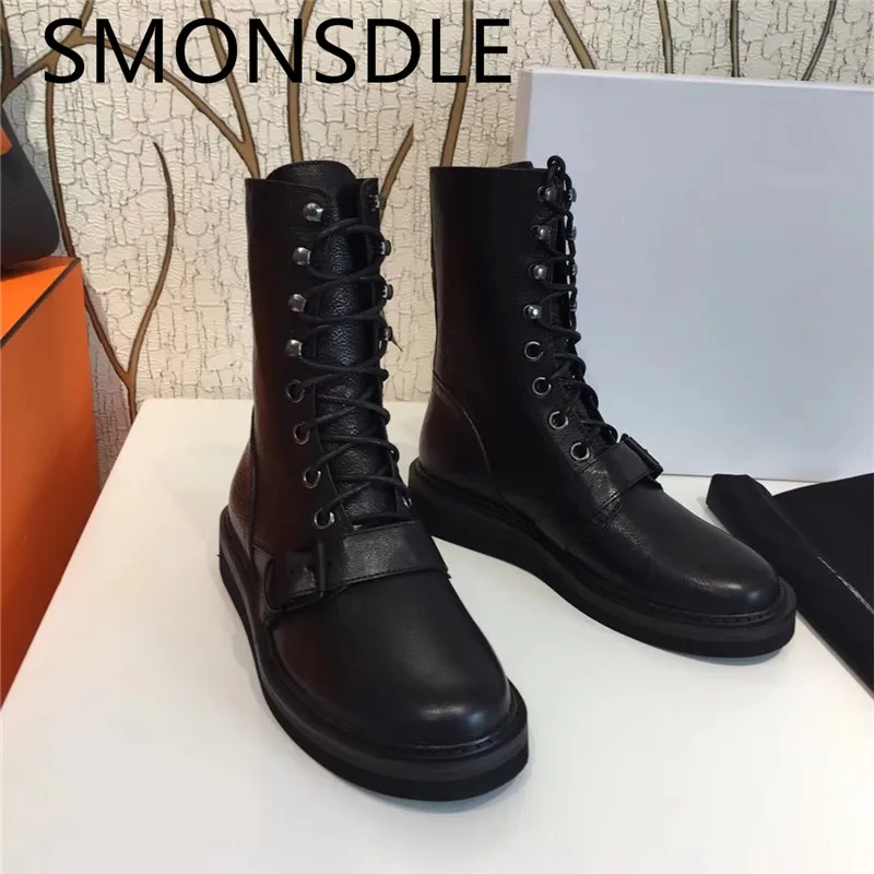 

SMONSDLE 2018 New Fashion Black Genuine Leather Women Boots Round Toe Cross Tied Buckle Women Autumn Winter Boots Shoes