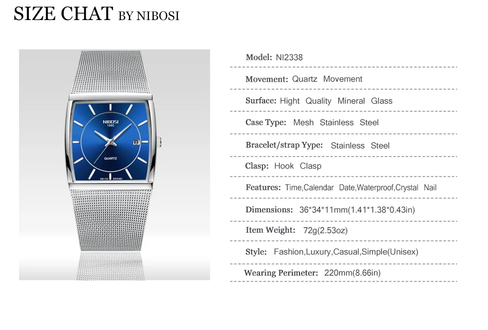 Reloj Hombre NIBOSI Square Watch Men Luxury Brand Mesh Strap Fashion Casual Analog Quartz Wrist Watch Relogio Masculino De Luxo  (2)