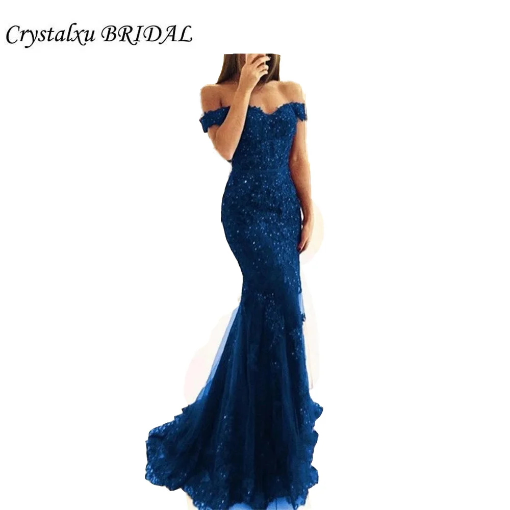 

Royal Blue Burgundy Off the Shoulder Prom Dresses Lace Appliques Beaded Hunter Long Special Occasion Dress Mermaid Evening Gowns