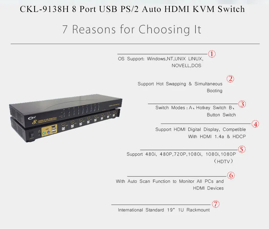 HDMI KVM переключатель 8 портов USB 2,0 с кабелями, ПК МОНИТОР клавиатура мышь переключатель для компьютера ноутбук сервер DVR CKL-9138H