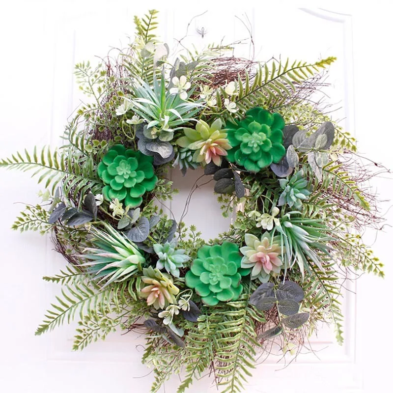 Artificial Green Plant Decoration Succulent Wreath Simulation PVC Garland Fake Leaves Home Wedding Door Wall Hanging Decoration