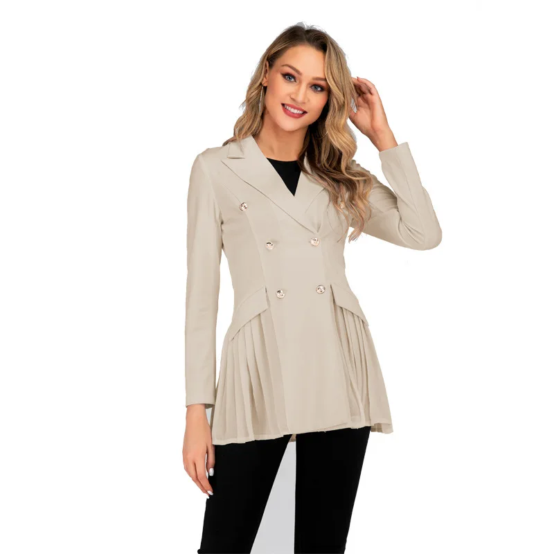 CINESSD Casual Blazers Coat Women White Double Breasted Long Sleeves Ruched Office Ladies Suits Solid Slim 2019 Blazers Jackets