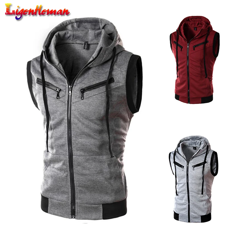 

Men Vest Plus Size XXXL Men Fashion Cotton Solid Color Hooded Waistcoat Casual Brand Male Sleeveless Jacket Zipper Pocket Gilet
