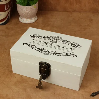 

Vintage Wood White Jewelry Box Ornaments Storage Case Metal Lock Treasure Container Storage Box Space Organizer Desk Craft Gifts