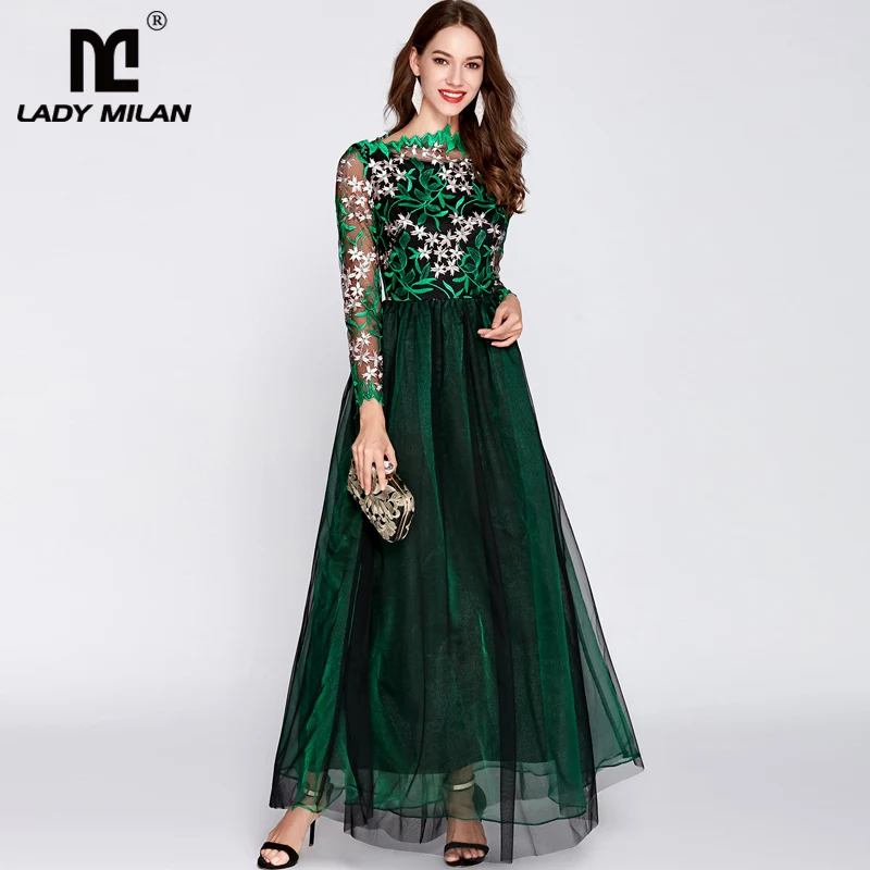 

New Arrival 2019 Women's O Neck Long Sleeves Embroidery Bodice Patchwork Fashion Party Prom Maxi Designer Runway Dresses