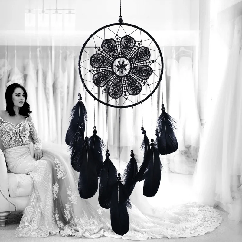 Handmade Ethnic Style Large Doily Dream Catcher Woven Wall Hanging Decoration White Dreamcatcher Wedding Party Ornament - Цвет: Черный