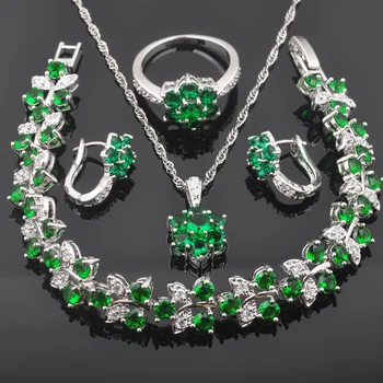 

Sparkling Green Zirconia Silver Color For Women Jewelry Sets Bracelet Necklace Pendant Earrings Ring QS0503