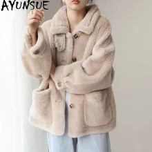 AYUNSUE, настоящая овечья овчина, меховые корейские куртки,, осенне-зимняя женская куртка, мех ягненка, шерстяное пальто, женская куртка, Abrigo Mujer MY