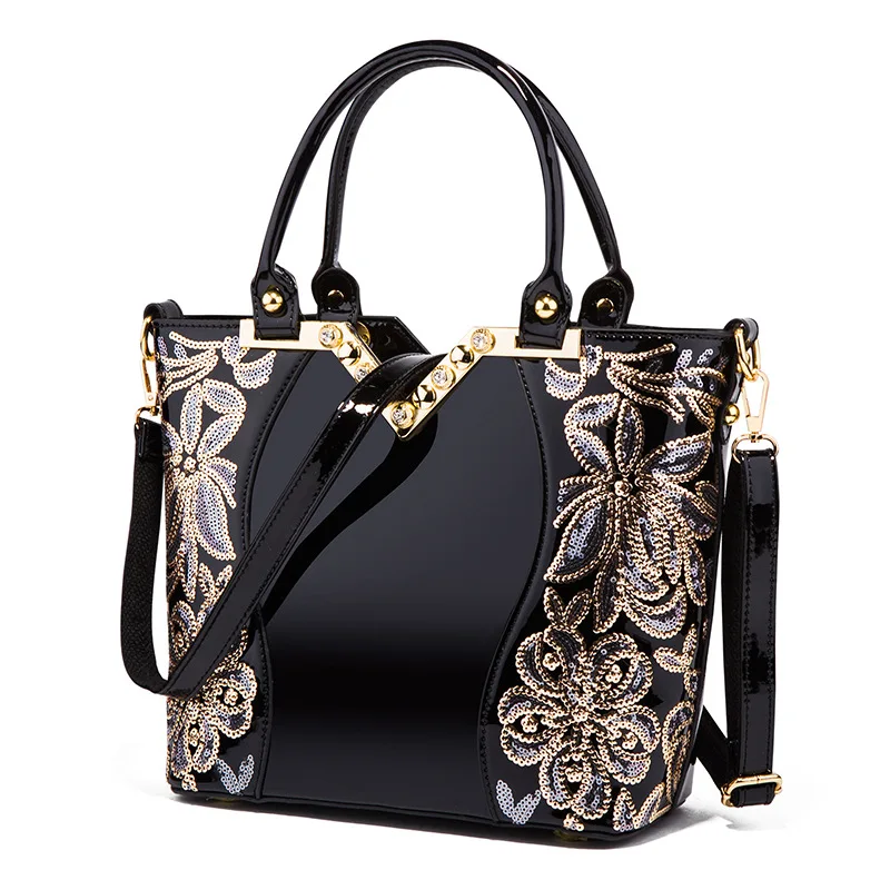 New fashion black embroidered bright leather shoulder bag portable handbags patent leather shoulder bags