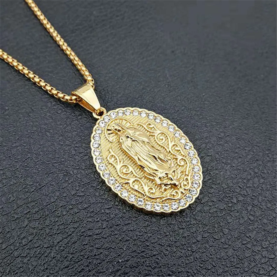 Из нержавеющей стали Девы Марии золотые ожерелья с подвесками для женщин золотого цвета ожерелье с Мадонной религиозная, христианская бижутерия