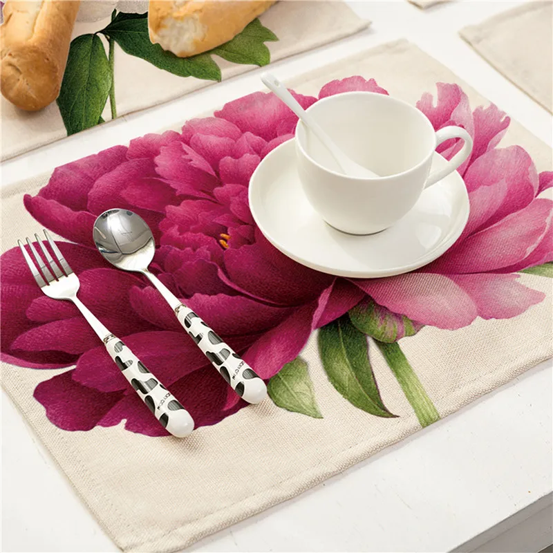 Europe 42x32cm Linen Placemat Painted Rose Printed Western Table Mat Wine Coaster Kitchen Drawer Dinning Bowl Pad Mat