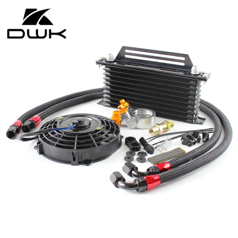 

Universal AN10 10Rows Oil Cooler Kits with GREX style thermostat open from 70-85deg Filter Adapter with Bracket and 7'' Fan