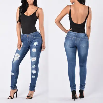 Новые женские потертые рваные состаренные обтягивающие джинсовые штаны бойфренд длинные джинсы штаны - Цвет: Синий