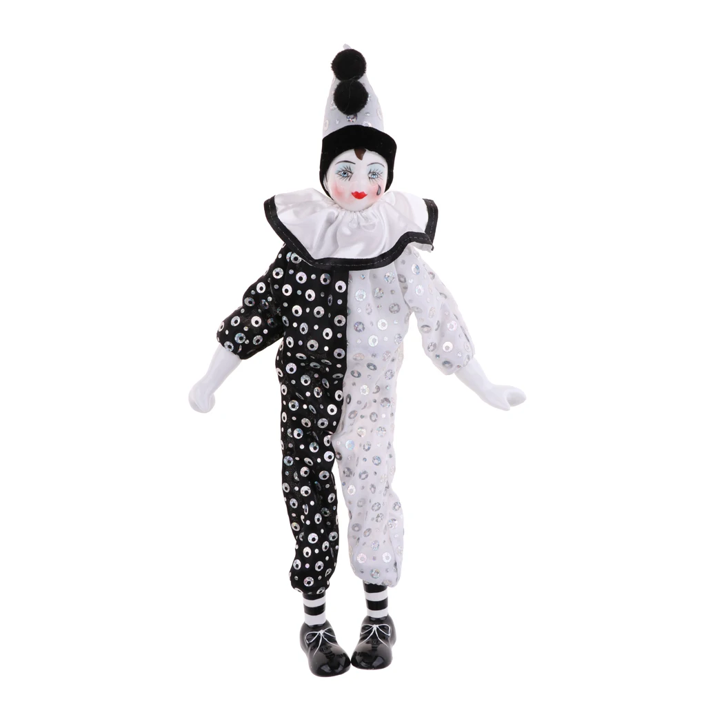 38cm Porcelain Hanging Foot Clown Doll Harlequin Doll Home Office Desk Shelf Display Ornaments Black & White