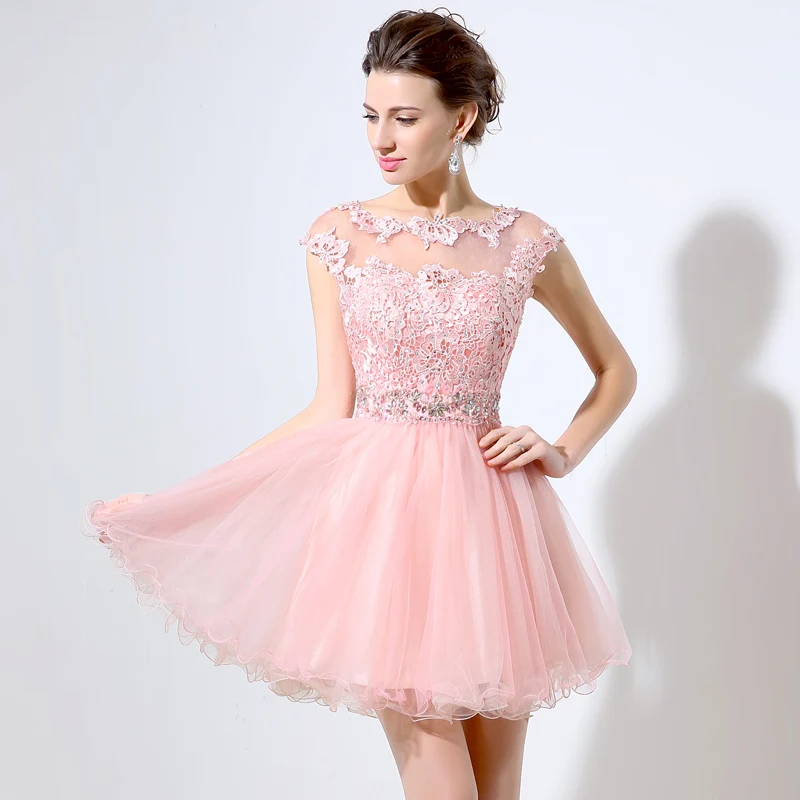 Розовые кружевные бисерные Короткие вечерние платья, вечерняя одежда, реальное изображение, изготовленные на заказ, короткие рукава длиной до колен, платья для выпускного вечера LX011