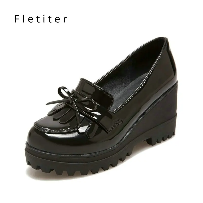 

Women Wedge Platform Oxford Brogue Genuine Leather Slip on High heel Shoes Pointed Toe Increasing Creepers Black Autumn Fletiter