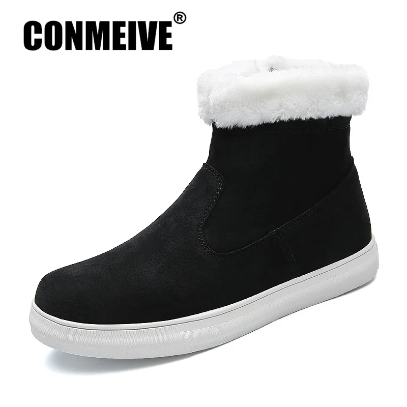 

Winter Snow Boots Men Cow Suede Leather Work Safety Ankle Boots Slip-on Luxury Brand Design Fashion Black Warm Fluff Mens Shoes