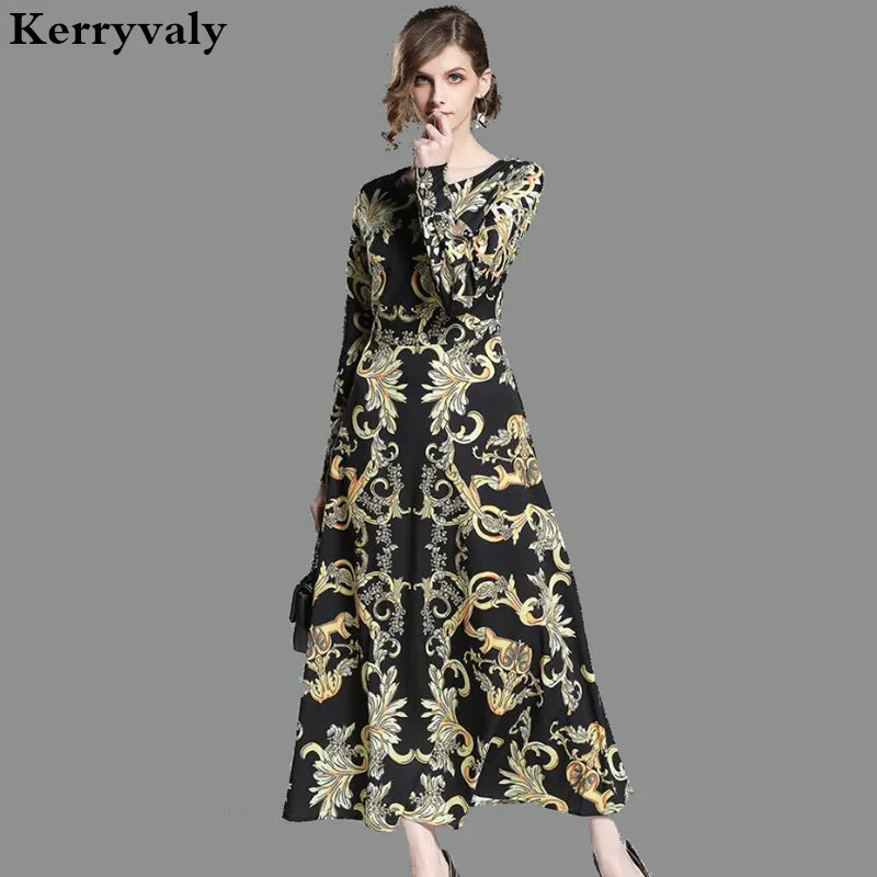 

Robe Vintage Printing Long Sleeved Maxi Dress Vestido Longo 2019 Elegant Women Large Swing Long Party Dress Robe Longue K5270