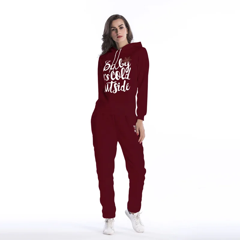 

2019 European And American Women's Letter Printing Christmas Element Sports Suit Female Plus Velvet Hooded Sweater Two-piece