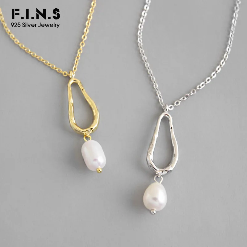 

F.I.N.S Two-tone S925 Sterling Silver Necklace Geometric Concave Hollow Baroque Freshwater Pearl Female Necklace Clavicle Chain