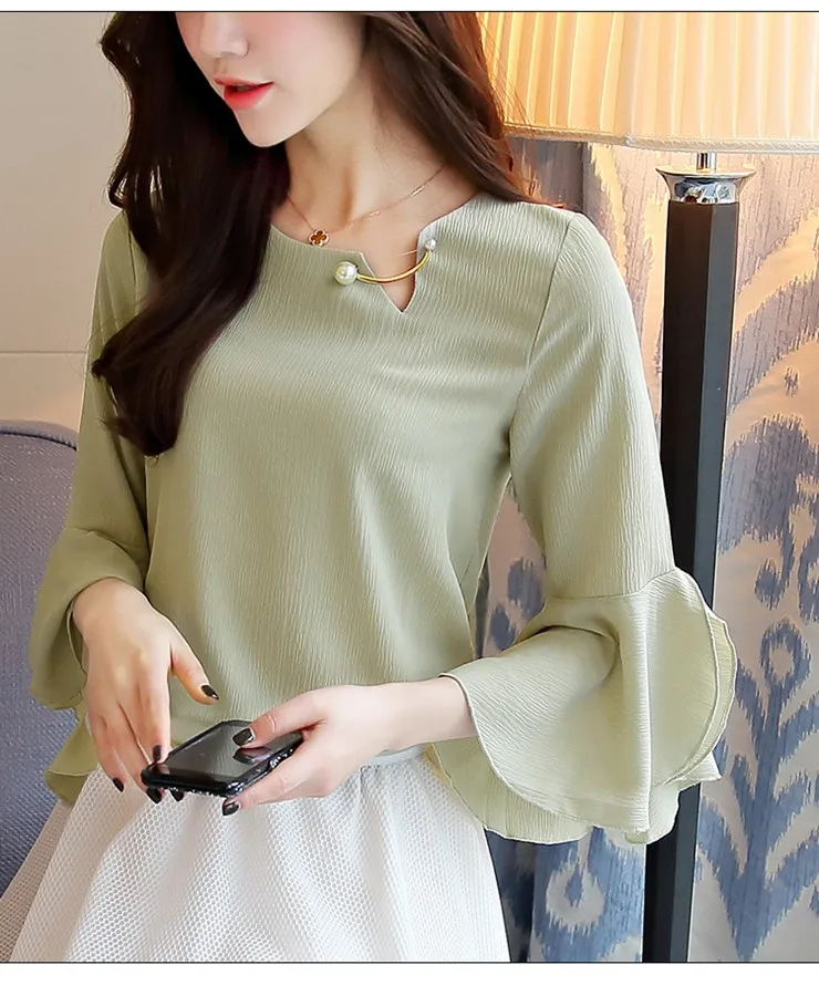 Women Blouses 2018 Elegant Summer Shirts Ladies Solid O-Neck Three Quarter Sleeve Blusas Femininos Casual Pink Tops Ete (7)