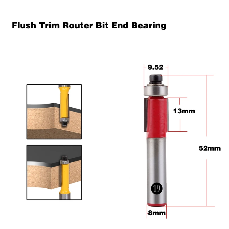 1 шт. 8 мм хвостовик древесины маршрутизатор бит прямой Концевая фреза триммер очистка заподлицо отделка угловая круглая бухта коробка биты инструменты фреза - Длина режущей кромки: 19NO
