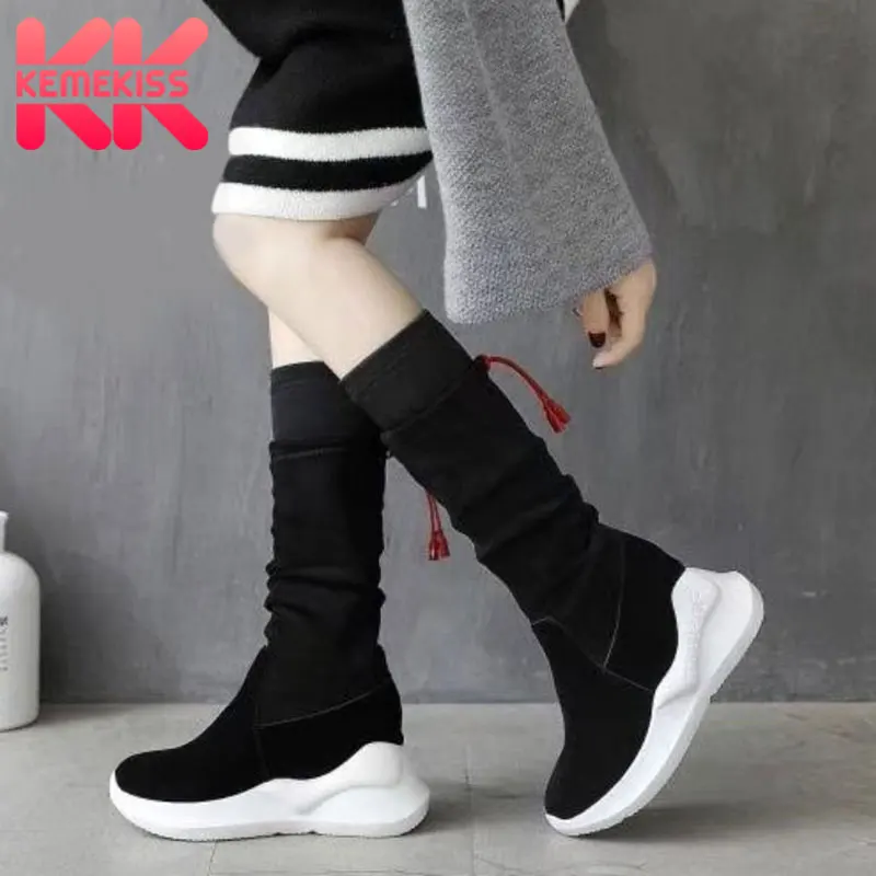 

KemeKiss Women Half Short Boots Real Leather Brand New Winter Add Fur Wedges Shoes Women Casual Platform Footwear Size 34-39