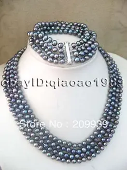 

huij 00217 Genuine 4strds 6-7mm black freshwater pearl set Necklace & Bracelets