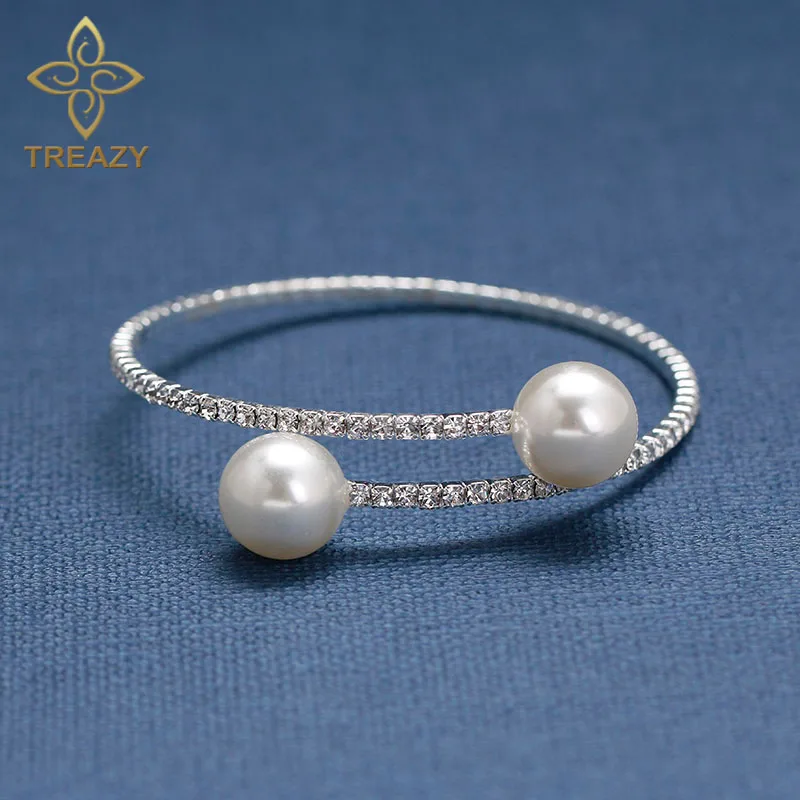 

TREAZY Double Simulated Pearl Beads Crystal Bangle Cuff Silver Color Bridal Wedding Prom Bangles Bracelets for Women Accessories