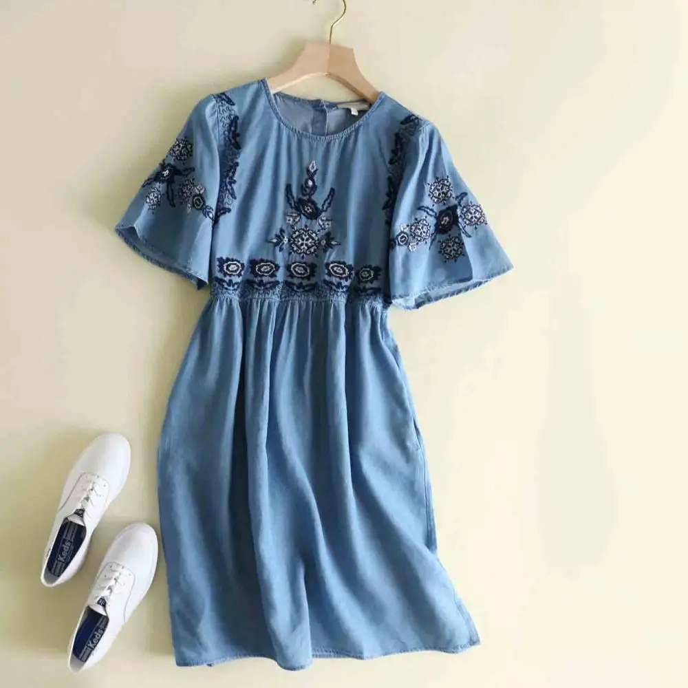 Летнее платье, женское винтажное Синее джинсовое платье с цветочной вышивкой, женское Повседневное платье с круглым вырезом и коротким рукавом размера плюс - Цвет: as the picture