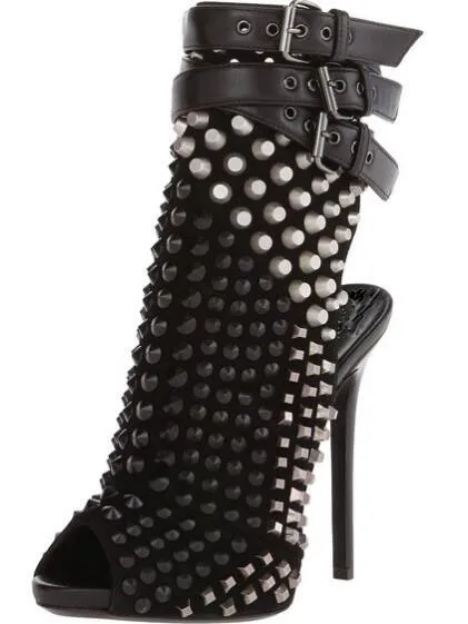 Studded sexy high heel sandals super high thin heels peep toe rivet decoration slingbacks buckle women party dress sandal black