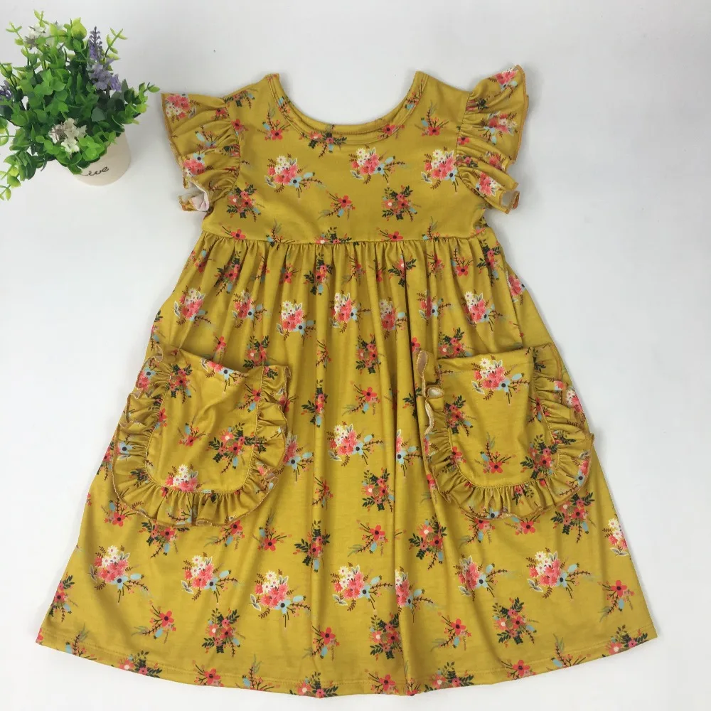 

Puresun Wholesale Bulk Boutique Cute Girls Dress Floral With Pocket Cotton Soft Clothing Ruffle Children Princess Dress