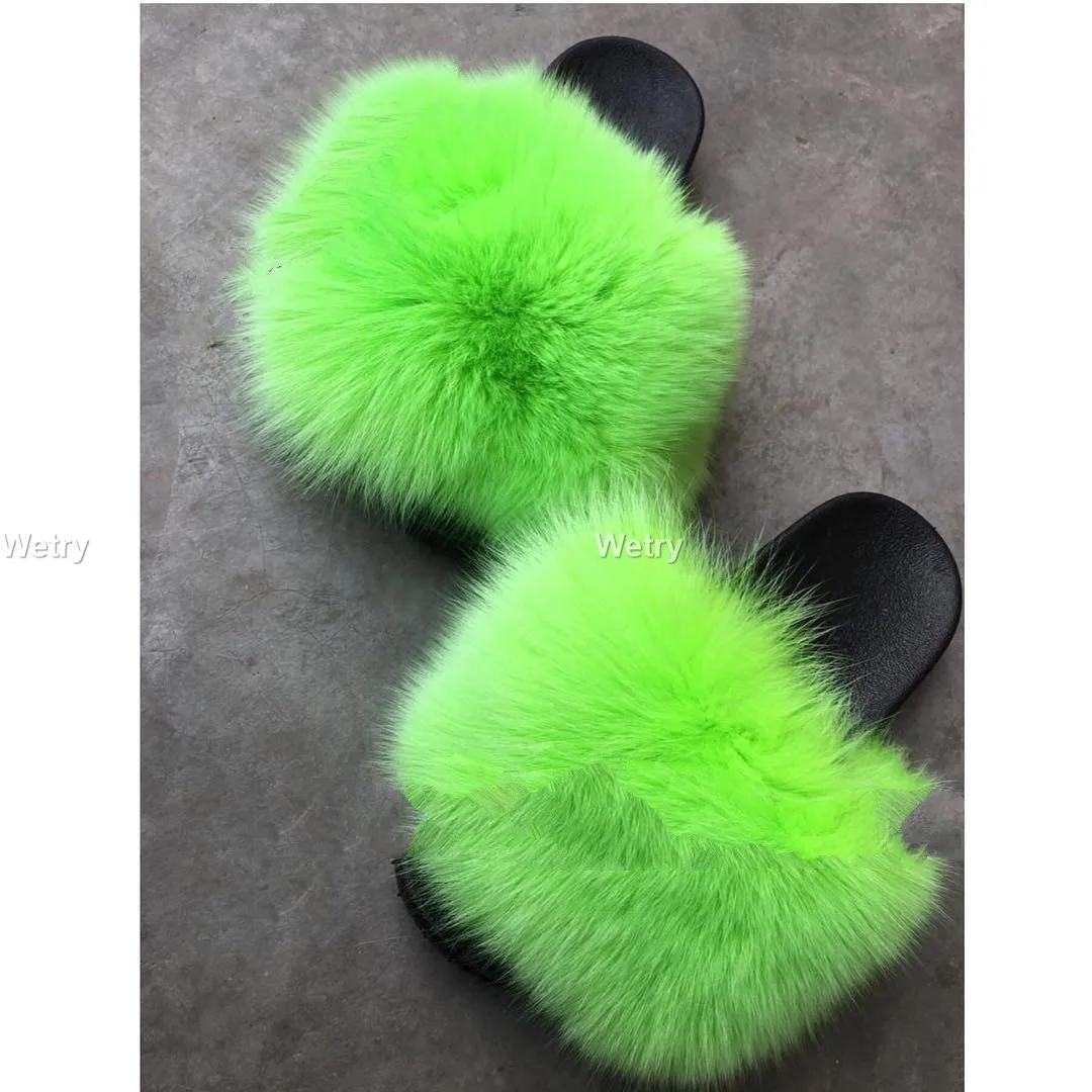 

Fur Slippers Women Real Fox Fur Slides Home Furry Flat Sandals Female Cute Fluffy House Shoes Woman Brand Luxury 2019