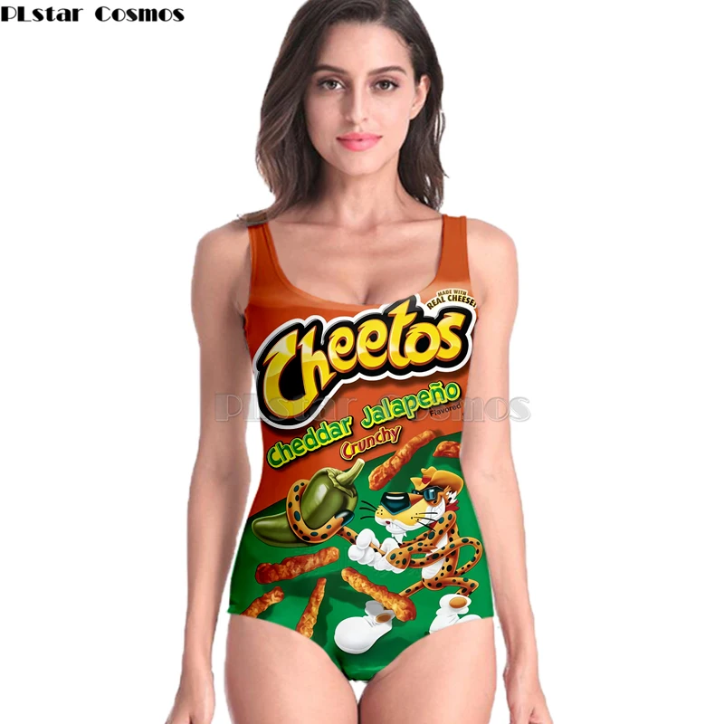 Горячие Cheetos женские без рукавов сексуальные косплей французские картофель фри 3D печатные пляжные купальники Цельный купальник-3