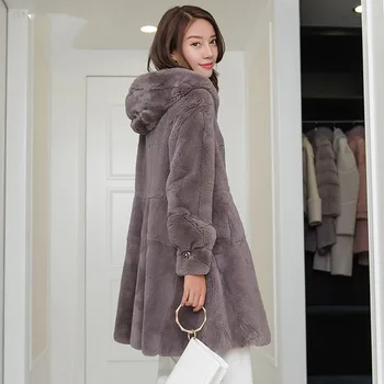 

Loose fit hooded natural rex rabbit fur coats outerwear women A line crystal stone big bottom hem real fur jackets 2018 winter