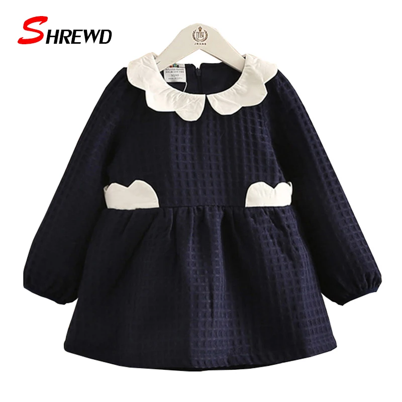 Girls Kids Dress Autumn 2017 New Casual Solid Color Little Girls Dresses Long Sleeve Doll Collar Simple Baby Girl Clothes 4537Z