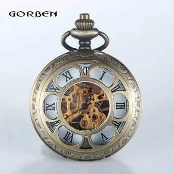 

Vintage Hollow Steampunk Analog Skeleton Mechanical Pocket Watch 2 Sides Case Hand Winding Mechanical Men's Pocket FOB Watch