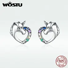 WOSTU серьги-гвоздики в форме единорога для женщин, Горячая Мода, настоящее 925 пробы, серебряные серьги-гвоздики в форме сердца, Простые Ювелирные изделия BKE611