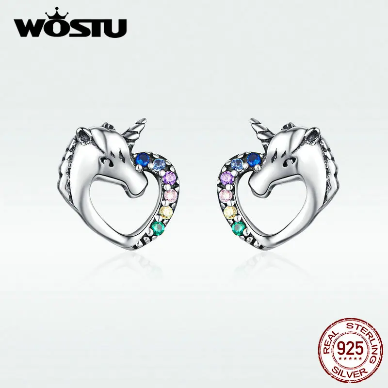 

WOSTU Unicorn Stud Earrings For Women Hot Fashion 100% Real 925 Sterling Silver Heart Shape Stud Earring Simple Jewelry BKE611