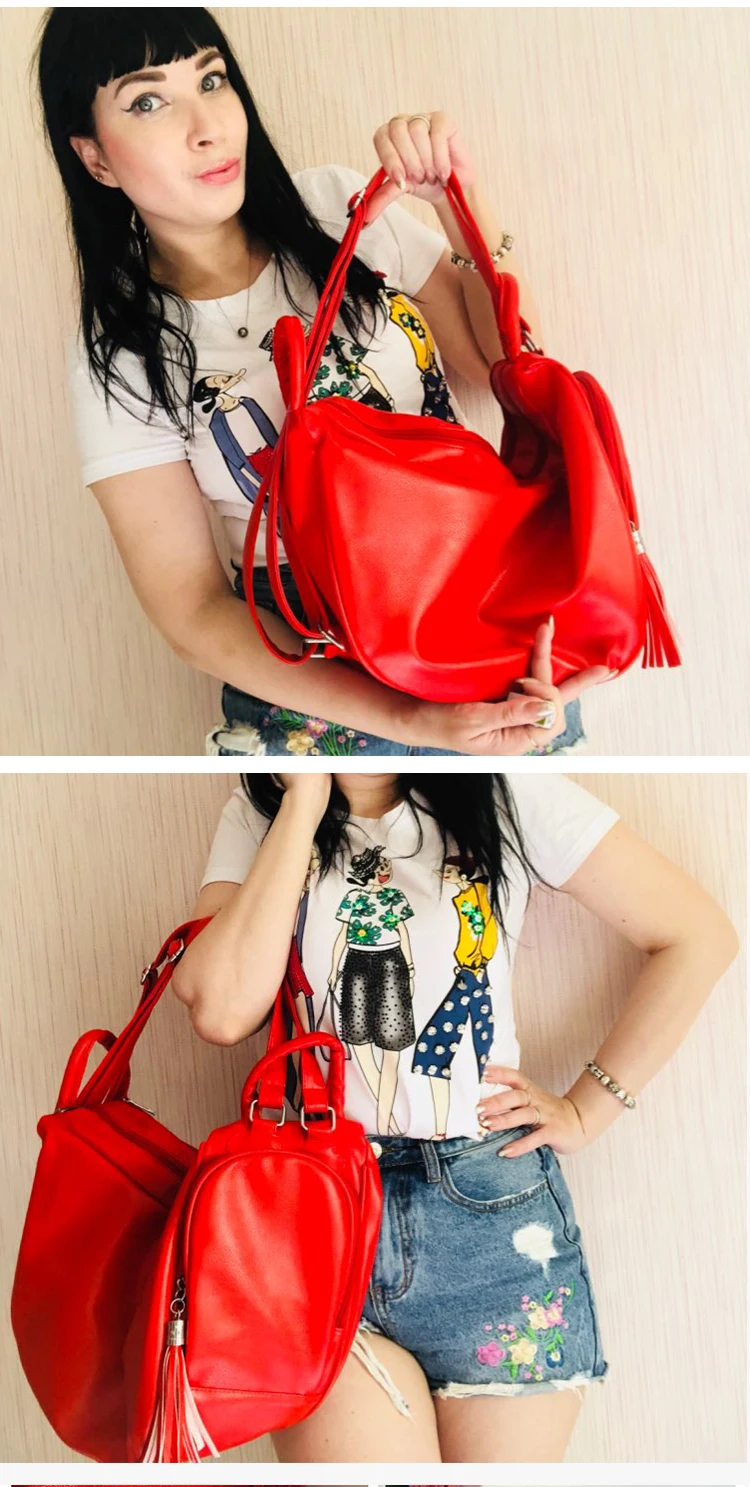 3-в-1 женский рюкзак кожаная женская сумка вместительные сумки кисточкой женские красные сумки путешествия рюкзак, школьная сумка для девочек Mochila