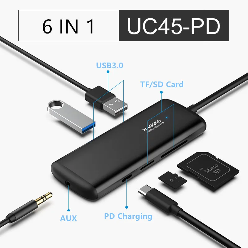 Хагбис тип-c концентратор Многофункциональный USB 3,0 концентратор USB C к HDMI/VGA/AUX/RJ45/SD/TF кард-ридер/PD зарядный адаптер для MacBook PC - Цвет: UC45-PD