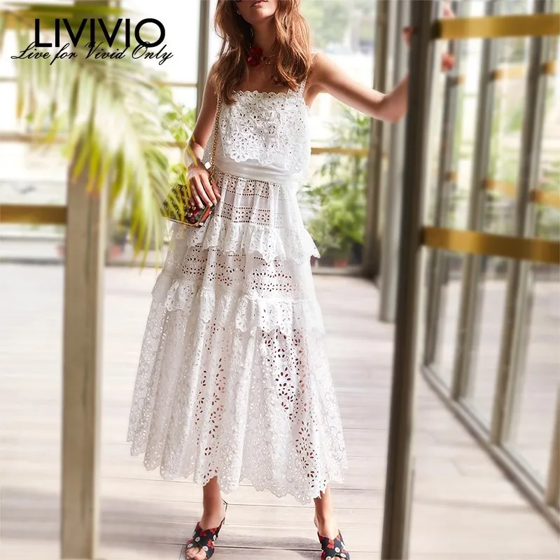 

[LIVIVIO] Off Shoulder Women Dress Strap Lace Patchwork Hollow Out High Waist Midi Dresses Female Summer Fashion 2019 New